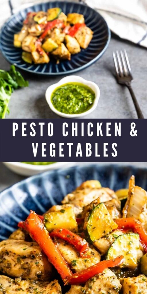 Photo collage of pesto chicken and vegetables with recipe title in the middle