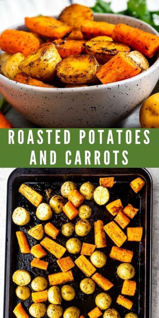 Two photo collage of roasted potatoes and carrots with recipe title in the middle