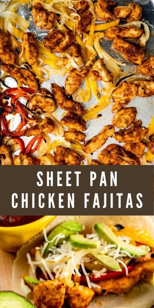 Collage of sheet pan chicken fajitas with recipe title in the middle of photos