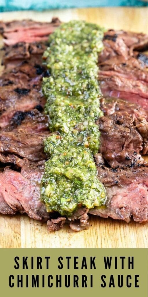 Close up of sliced skirt steak with chimichurri sauce and recipe title on bottom of photo