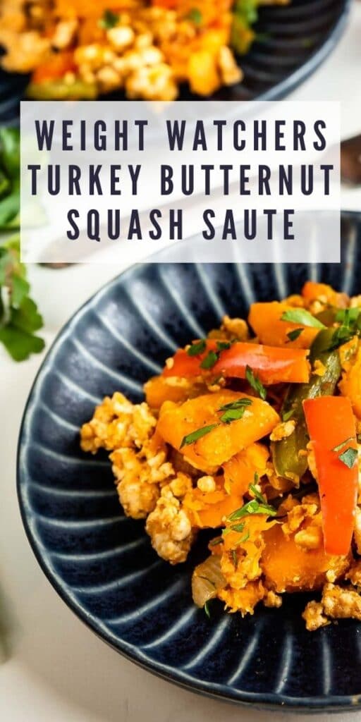 Two plates full of weight watchers turkey butternut squash saute and recipe title on top of image