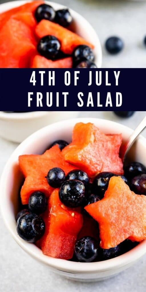 Overhead shot of two small bowls of 4th of july fruit salad with recipe title on top of image