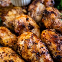 Close up shot of easy barbecue chicken with dipping sauce