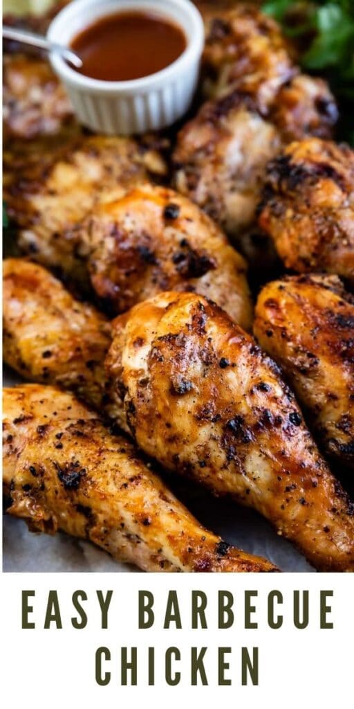 Close up shot of easy barbecue chicken with dipping sauce and recipe title on bottom of image