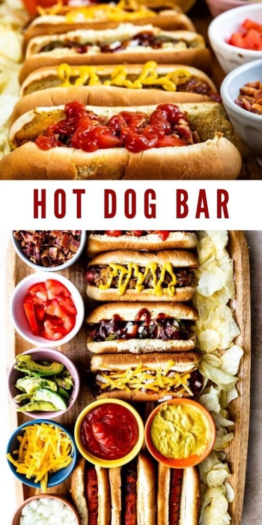 Collage of hot dog bar photos with recipe title in the middle of photos