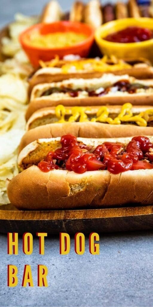 Side shot of hot dog bar with recipe title on the bottom of image