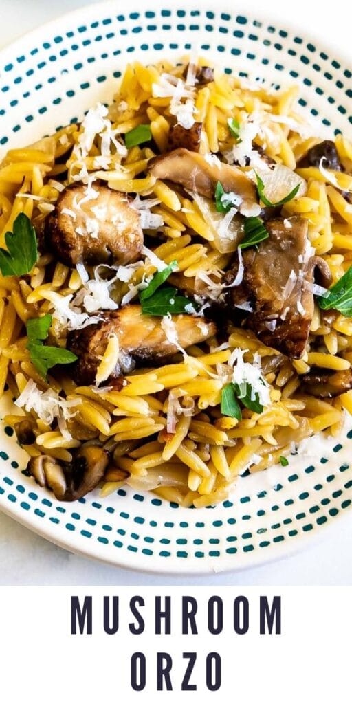 Overhead shot of mushroom orzo on a plate with recipe title on bottom of image