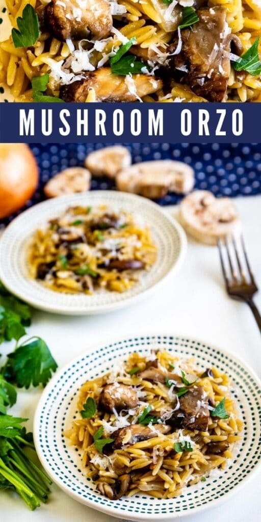 Two photo collage of mushroom orzo pasta with recipe title in the middle