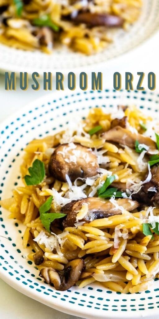 Two plates of mushroom orzo served on a table with recipe title on the top of the image