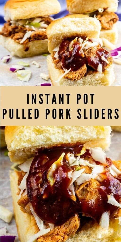 Photo collage of instant pot pulled pork sliders with recipe title in middle of photos