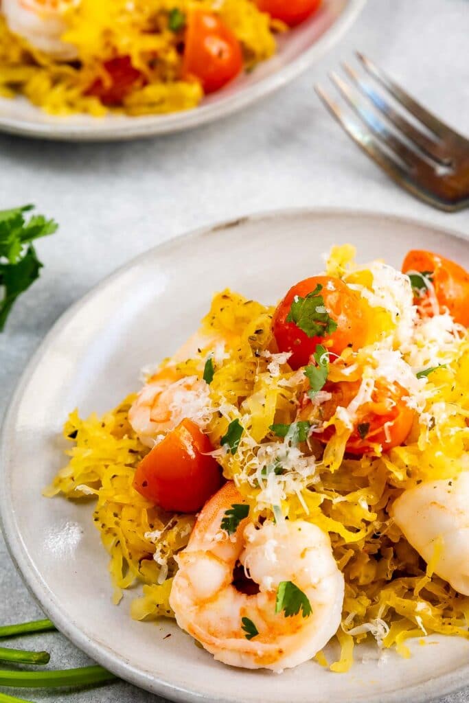 Close up shot of shrimp scampi over spaghetti squash