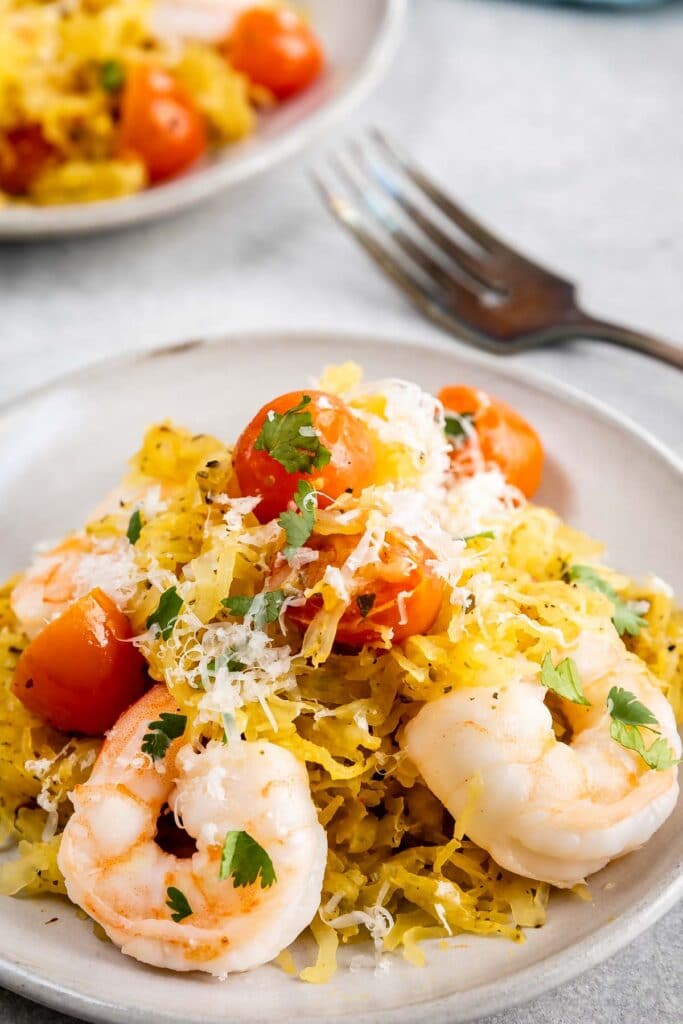 Close up shot of shrimp scampi over spaghetti squash