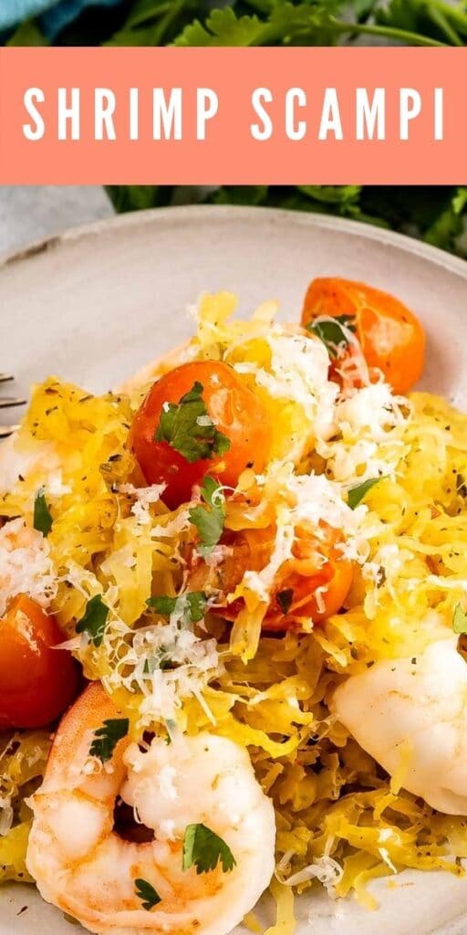 Close up shot of shrimp scampi over spaghetti squash with recipe title on top of image
