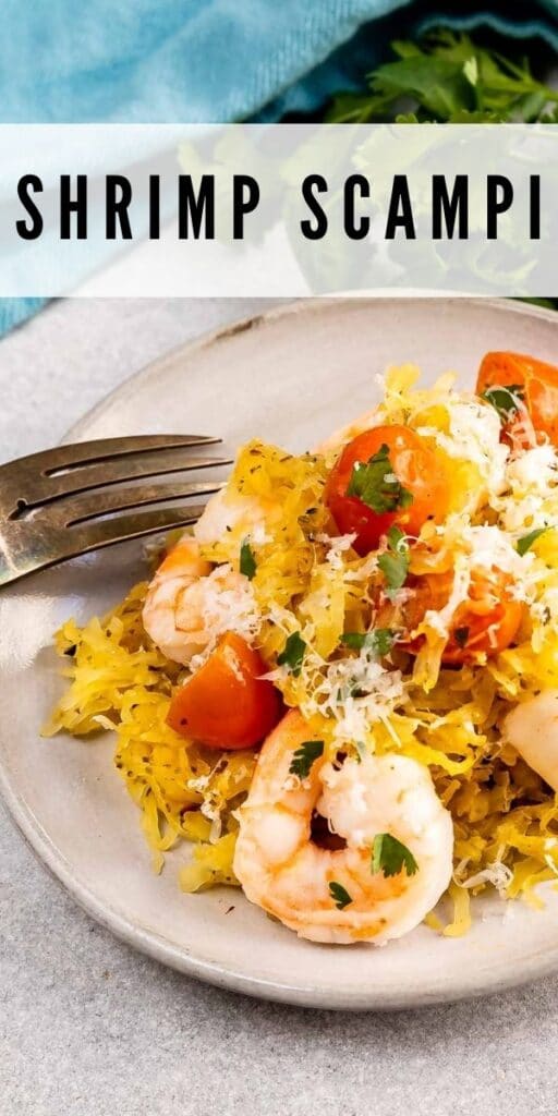 Close up shot of shrimp scampi over spaghetti squash with recipe title on top of image