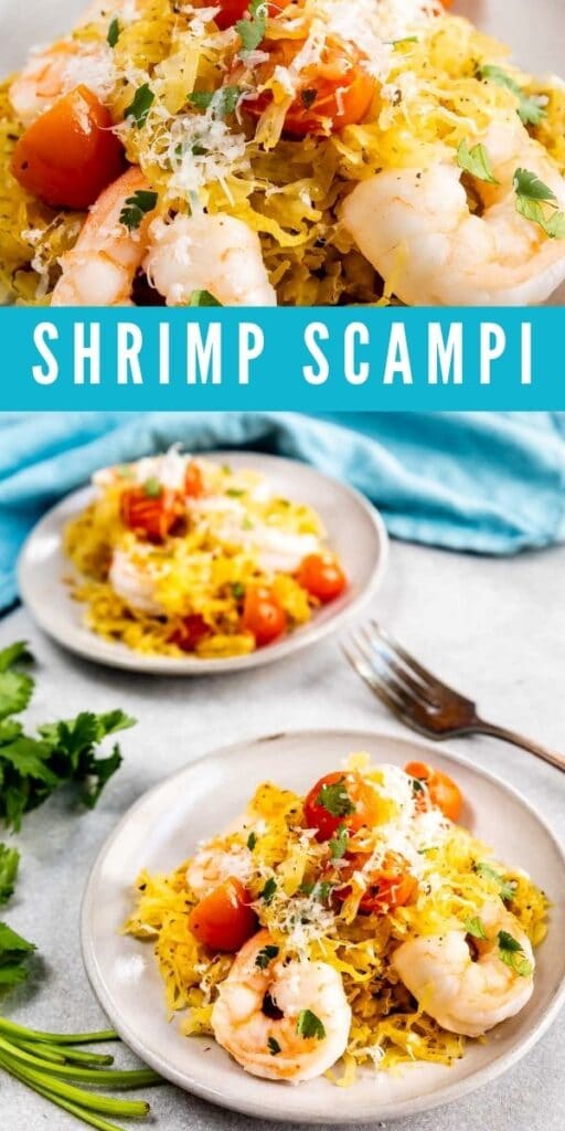 Photo collage of shrimp scampi with recipe title in middle of photos