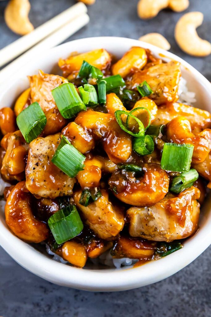 Overhead shot of cashew chicken in a serving bowl