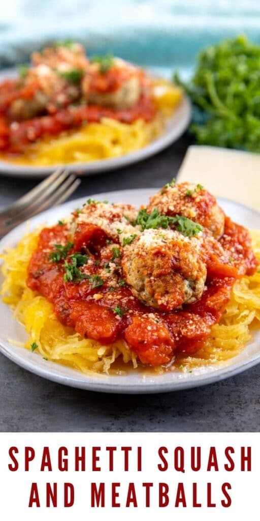 Two plates of spaghetti squash and meatballs topped with cheese and herbs and recipe title on bottom of image