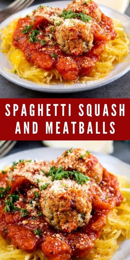 Photo collage of spaghetti squash and meatballs with recipe title in the middle of photos