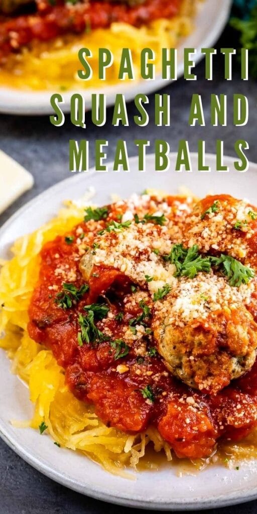 Close up shot of spaghetti squash and meatballs with recipe title on top of image