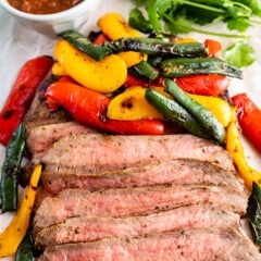 Pepper steak, peppers and herbs with dipping sauce