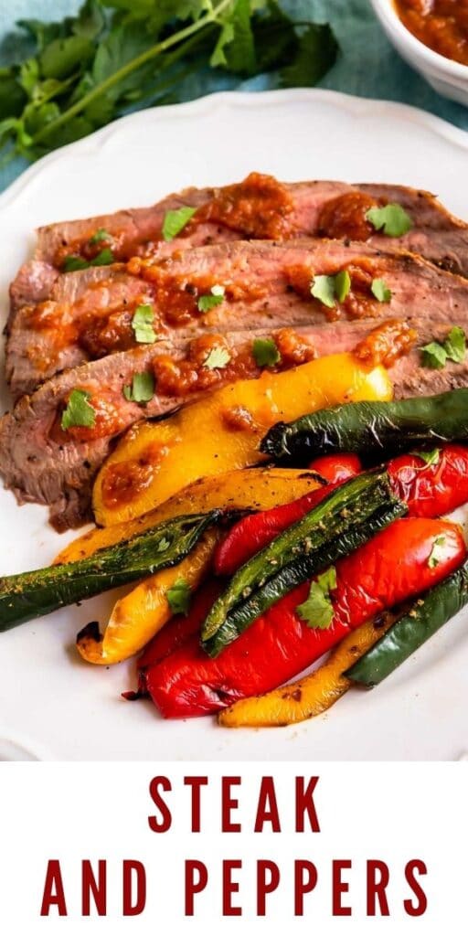 Plated steak and peppers with recipe title on the bottom of photo