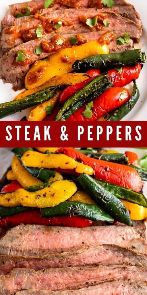 Photo collage of grilled steak and peppers with recipe title in the middle of two photos