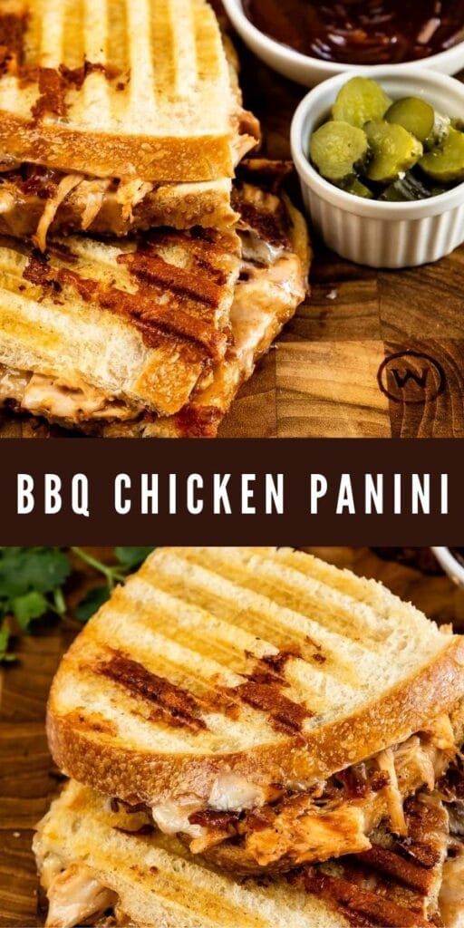 Photo collage of BBQ chicken panini with recipe title in the middle of photos