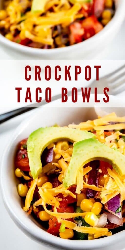 Close up overhead shot of taco bowl with cheese and avocado on top and recipe title on photo