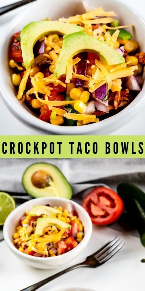 Photo collage of crockpot taco bowls with recipe title in the middle of photos