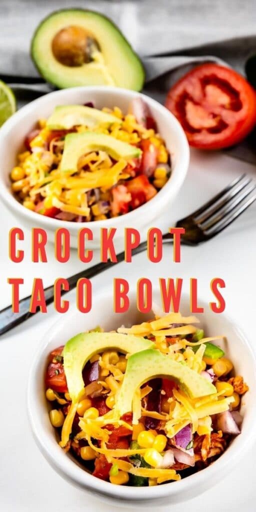 Close up overhead shot of taco bowl with cheese and avocado on top and recipe title on top of photo