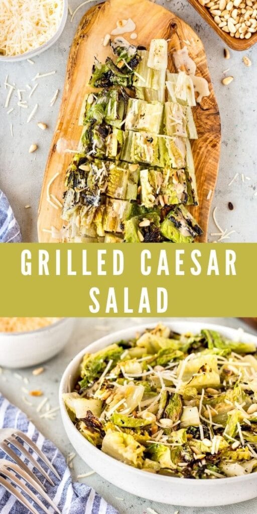 Collage of grilled caesar salad with recipe title in the middle of photos