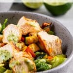 Low carb grilled chicken power bowl with recipe title on top of image