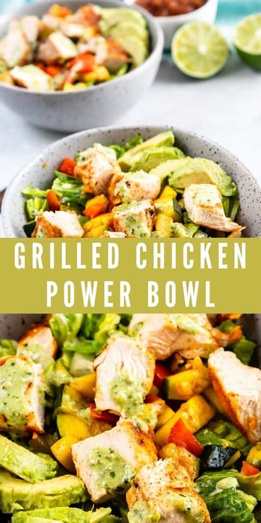 Collage of low carb grilled chicken power bowl with recipe title in the middle of photos