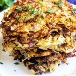 Stack of spaghetti squash hash browns with recipe title on bottom of photo