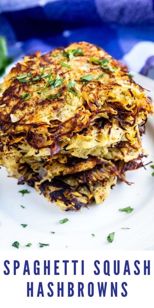 Stack of spaghetti squash hash browns with recipe title on bottom of photo