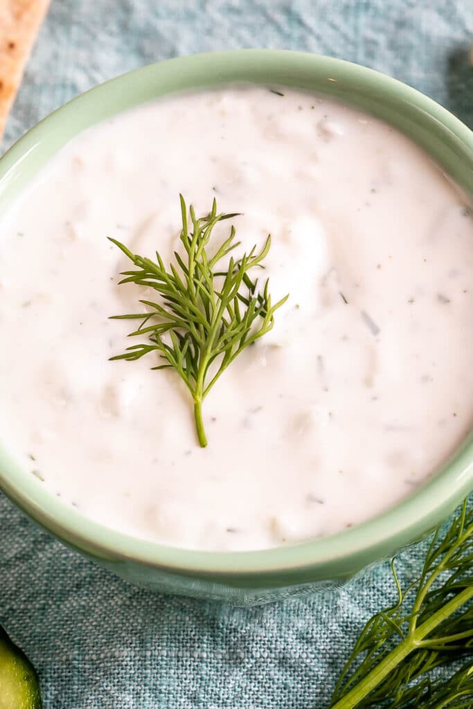 Close up overhead shot of tzatziki sauce with dill on top