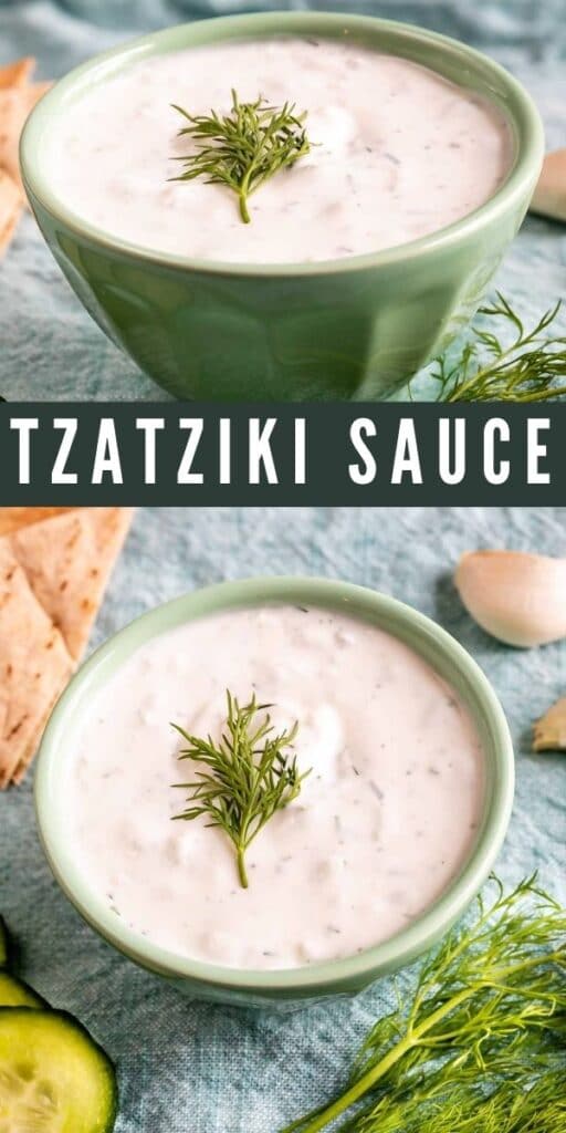 Photo collage of tzatziki sauce with recipe title in the middle of two photos
