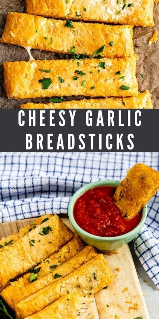 Photo collage of cheesy garlic breadsticks with recipe title in the middle of two photos