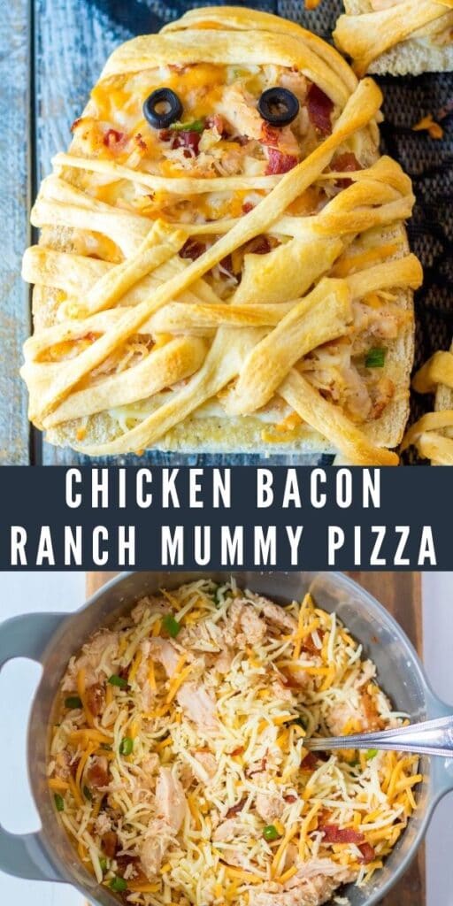 Photo collage of chicken bacon ranch mummy pizzas with recipe title in the middle of photos