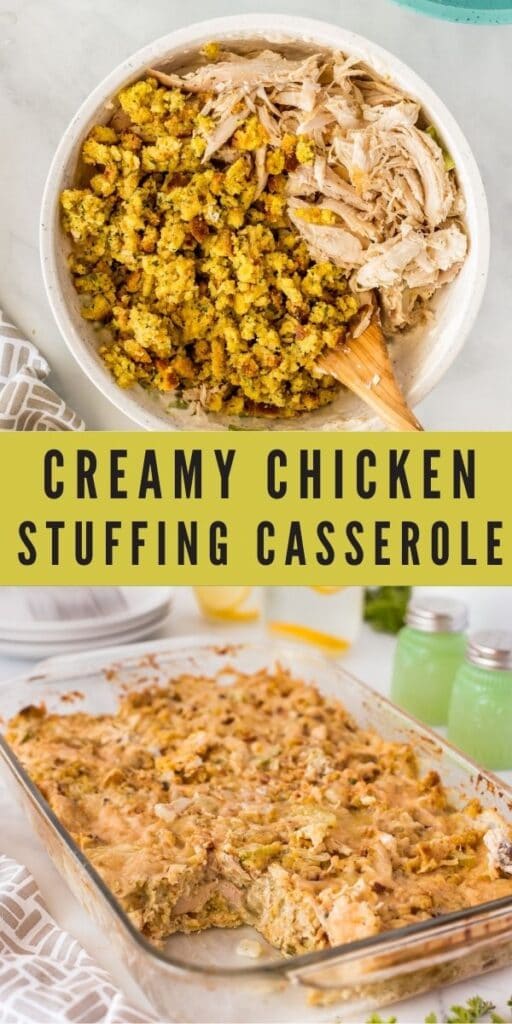 Collage of creamy chicken stuffing casserole photos with recipe title in the middle of two images