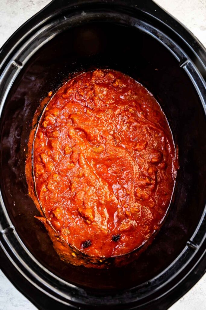 Overhead view of crockpot pizza dip in the crockpot