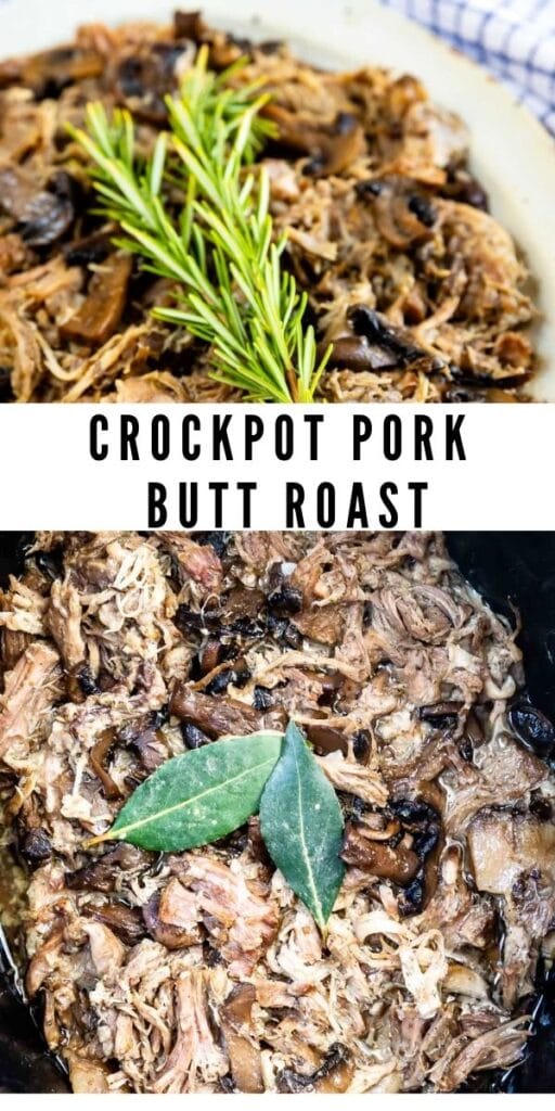 Photo collage of crockpot pork butt roast with recipe title in the middle of photos