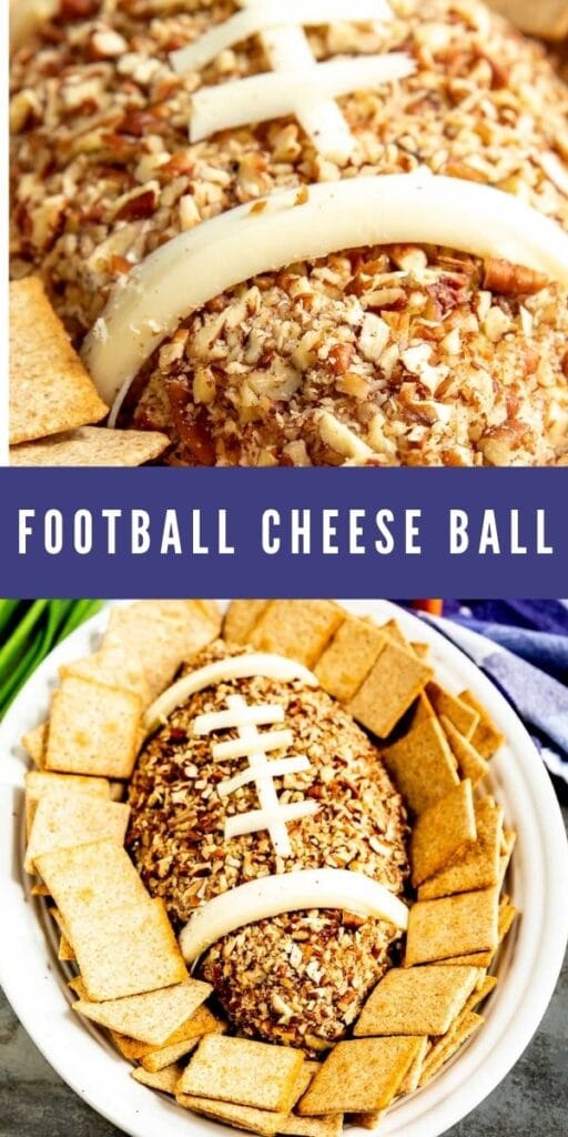 Photo collage of football cheese ball with recipe title in the middle of photos