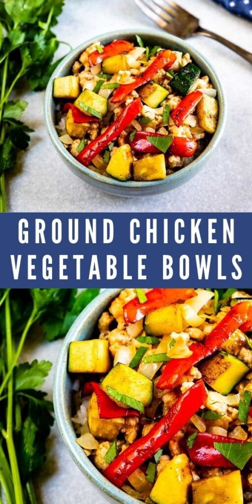 Photo collage of ground chicken vegetable bowls with recipe title in the middle of photos