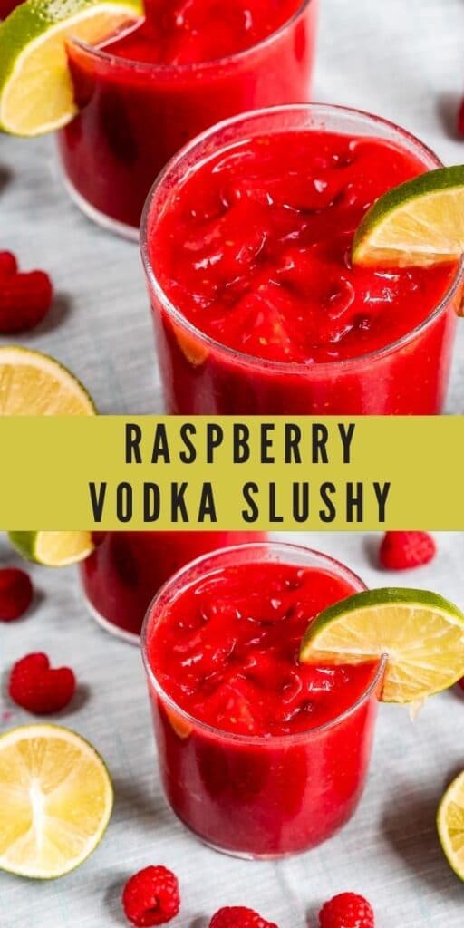 Photo collage of raspberry vodka slushies with recipe title in the middle of photos