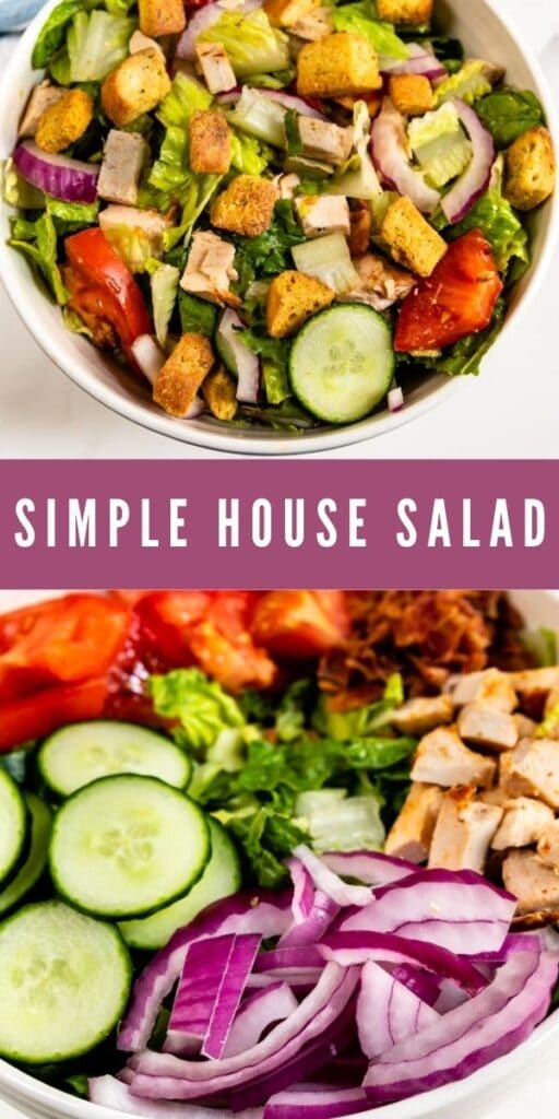 Collage of simple house salad with recipe title in the middle of two photos