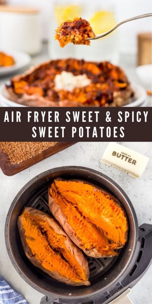 Photo collage of air fryer sweet and spicy sweet potato with recipe title in the middle of photos