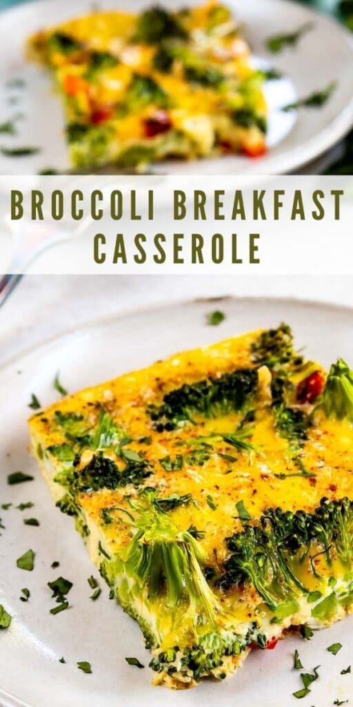 Two square pieces of broccoli breakfast casserole on plates next to each other with recipe title in the middle of photo