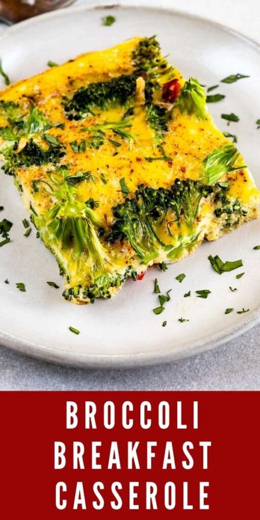 One square piece of broccoli breakfast casserole on plate with recipe title on bottom of photo
