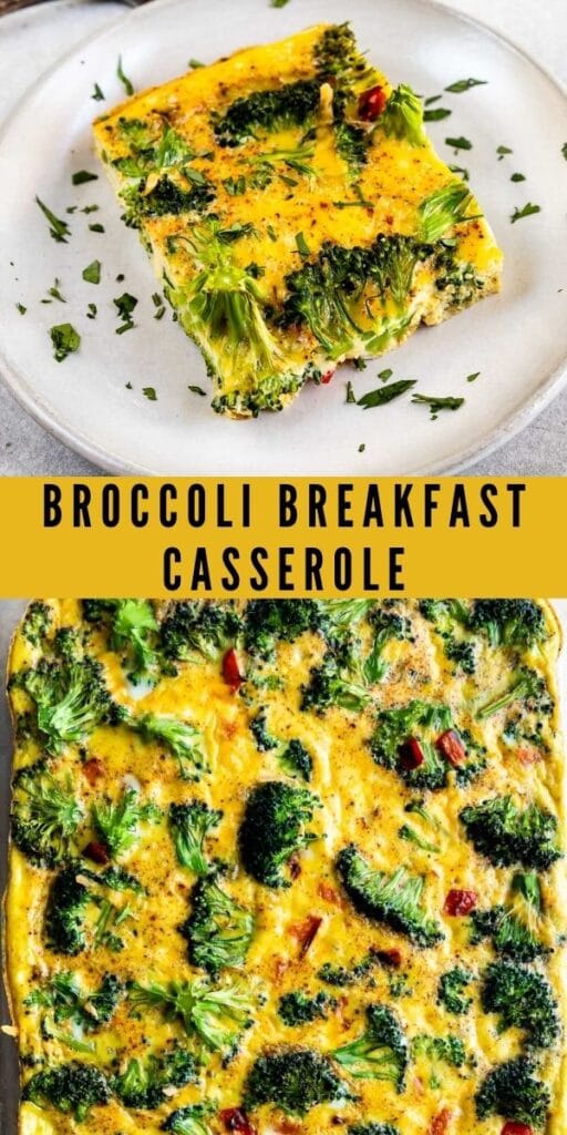 Photo collage of broccoli breakfast casserole with recipe title in the middle of photos
